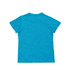 A bright turquoise kid's T-shirt made from 100% polyester, featuring a logo.
