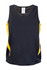 A black and yellow kids' singlet featuring a flowing design and a logo on the fabric.