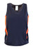 A navy blue singlet with orange accents and a logo, designed for kids.