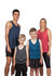 A group of four people wearing singlets in navy, grey, teal, and pink, showcasing casual athletic wear.