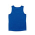A blue singlet made of 100% polyester featuring a simple back design and a logo.