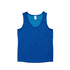 A blue polyester singlet with a scooped neckline and a logo on the label.