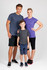 A group of three models wearing heather T-shirts in dark grey and purple, paired with shorts and leggings.