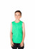 A green sleeveless tank top for kids, featuring a simple design and a logo on it.
