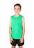 A green sleeveless tank top for kids, featuring a simple design and a logo. Paired with black shorts.