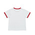 A white kids' ringer tee with red trim on the neckline and sleeves, featuring a logo on the back.