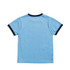 A kids' ringer tee in light blue with a navy neckline and sleeve trim, featuring a plain back.