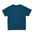 A teal kids' t-shirt featuring short sleeves and a plain back. It includes a logo on the label area.