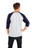 Men's unisex 3/4 sleeve raglan t-shirt in grey with navy blue sleeves. Features a logo on the back.