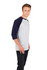 A light grey and navy blue unisex 3/4 sleeve raglan T-shirt displayed on a male model standing sideways.