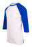A unisex 3/4 sleeve raglan T-shirt featuring blue sleeves and a white body. It has a logo on the front.