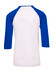 A unisex 3/4 sleeve raglan T-shirt featuring white fabric with blue sleeves and a logo on the back.