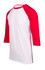 A unisex 3/4 sleeve raglan T-shirt featuring a white body and red sleeves, with a logo on it.