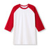 A men's/unisex 3/4 sleeve raglan T-shirt in white with red sleeves. Features a simple design and includes a logo.