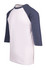A unisex 3/4 sleeve raglan T-shirt in white with navy blue sleeves. It features a logo on the front.