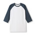 A white unisex 3/4 sleeve raglan T-shirt with navy blue sleeves and a logo on the collar.