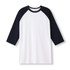 Men's/unisex 3/4 sleeve raglan T-shirt featuring white body and navy blue sleeves. Includes a logo.