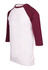 Men's/unisex 3/4 sleeve raglan T-shirt in white with maroon sleeves. Features a logo on the sleeve.