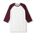 A white 3/4 sleeve raglan T-shirt with maroon sleeves, featuring a logo on the collar.