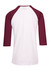 A maroon and white unisex 3/4 sleeve raglan T-shirt featuring a logo on the back.