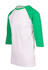 A 3/4 sleeve raglan T-shirt featuring green sleeves and a white body, with a logo on the front.