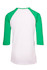 A 3/4 sleeve raglan T-shirt featuring a white body and green sleeves. The shirt has a logo on the back.