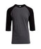 A grey and black 3/4 sleeve raglan T-shirt featuring a logo. Suitable for men and unisex wear.