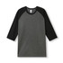 A grey and black 3/4 sleeve raglan T-shirt featuring a logo. Suitable for men and unisex wear.