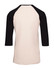 A unisex 3/4 sleeve raglan T-shirt featuring a cream body and black sleeves, with a logo on the back.