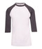 A unisex 3/4 sleeve raglan T-shirt featuring a white body and grey sleeves. It has a logo on the front.