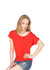 A red women's bat wing T-shirt displayed on a model, featuring a relaxed fit and short sleeves.