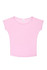 A light pink women's bat wing T-shirt with a wide neckline and short sleeves. It features a logo on the label.