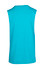 A sleeveless tee in a vibrant turquoise hue, featuring a simple design and a logo on the back.