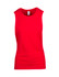 A red women's combed cotton tank top featuring a sleeveless design and a label inside.
