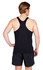 A black men’s T-back singlet displayed from the back, featuring a logo. The model is wearing black shorts.