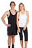 A black men's singlet and a white women's T-back singlet, both paired with black shorts and leggings. Each feature a logo.
