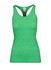 A green athletic T-back singlet featuring a logo, designed for women's activewear.