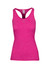 A vibrant pink athletic T-back singlet with a fitted design and a logo on the label.