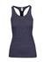 A women's athletic T-back singlet in a dark grey hue, featuring a simple design and a branded label.