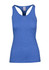 A blue women's athletic T-back singlet with a fitted design and a logo.