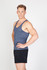 A blue athletic T-back singlet is modeled by a man, paired with black shorts. The singlet features a logo.