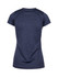 A navy blue women's T-shirt made of 100% polyester with a rounded neckline and short sleeves, featuring a logo.