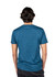 A back view of a men's/unisex T-shirt, featuring a blue heather design and short sleeves. It has a logo on the back.