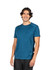 A blue unisex t-shirt made of 100% polyester, featuring a logo on the front.