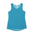 A teal women's singlet made of 100% polyester, featuring a rounded neckline and a logo at the label.