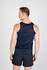 A navy singlet designed for men, featuring a sleek fit and shoulder straps. It includes a logo on the fabric.