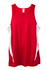 A red singlet with white side panels and a logo, designed for men's active wear.