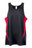 A black and red singlet featuring a sporty design and a logo on the front.