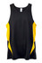 A black and yellow men's singlet featuring a sleek design and a logo on the label.
