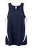 A navy blue singlet with white side panels, featuring a logo on the chest area.
